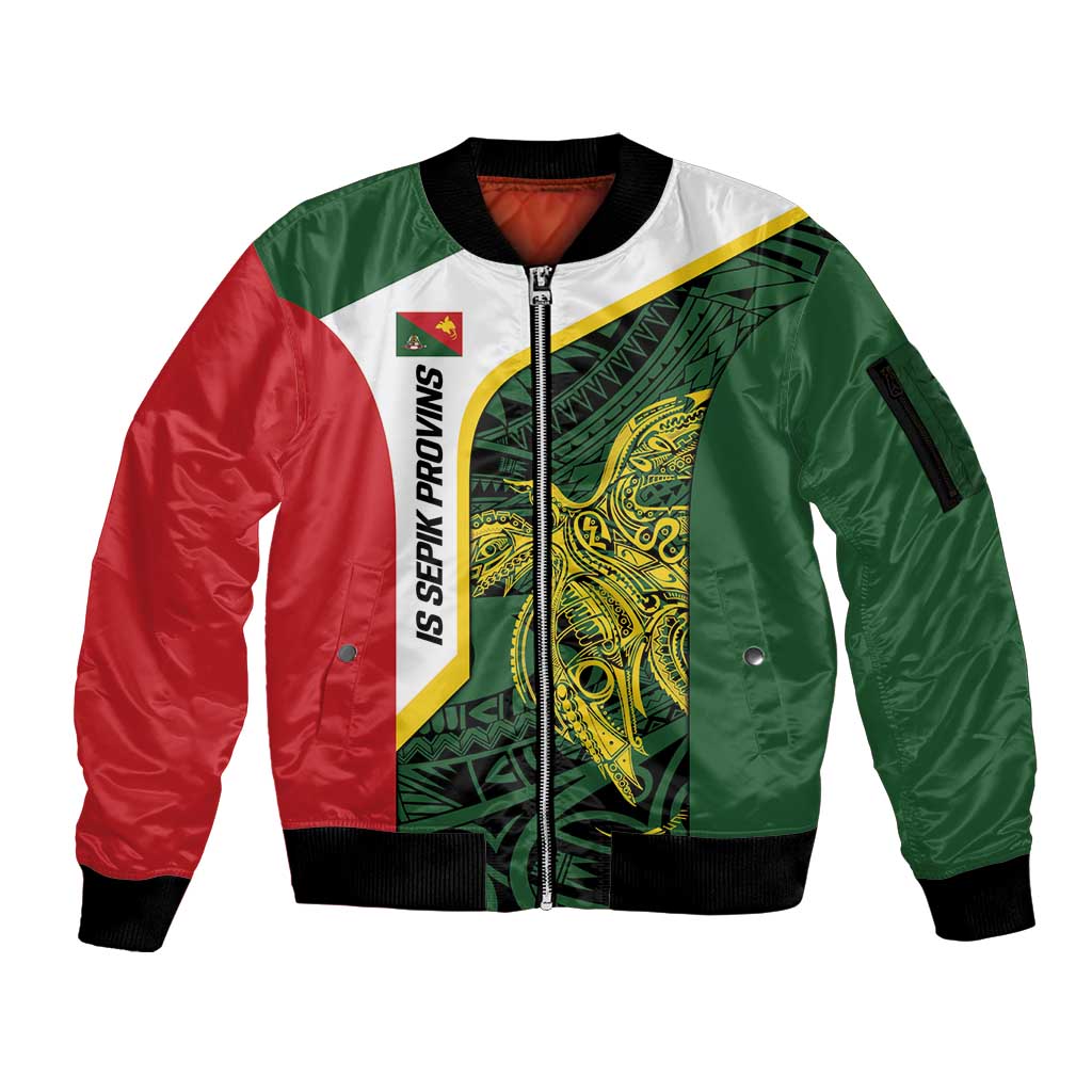 Personalised PNG East Sepik Province Sleeve Zip Bomber Jacket Bird of Paradise Tattoo Flag Motif - Polynesian Pride