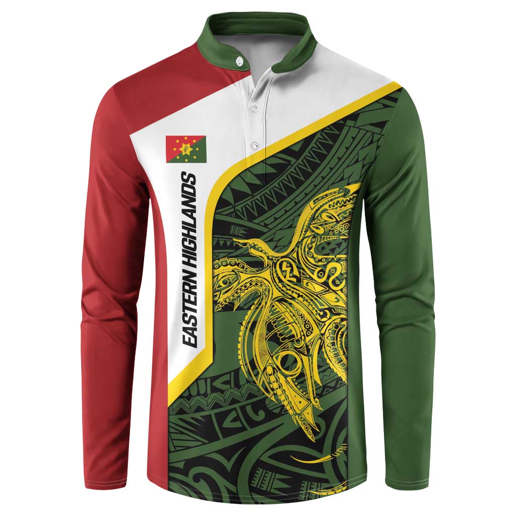 Personalised PNG Eastern Highlands Button Sweatshirt Bird of Paradise Tattoo Flag Motif - Polynesian Pride