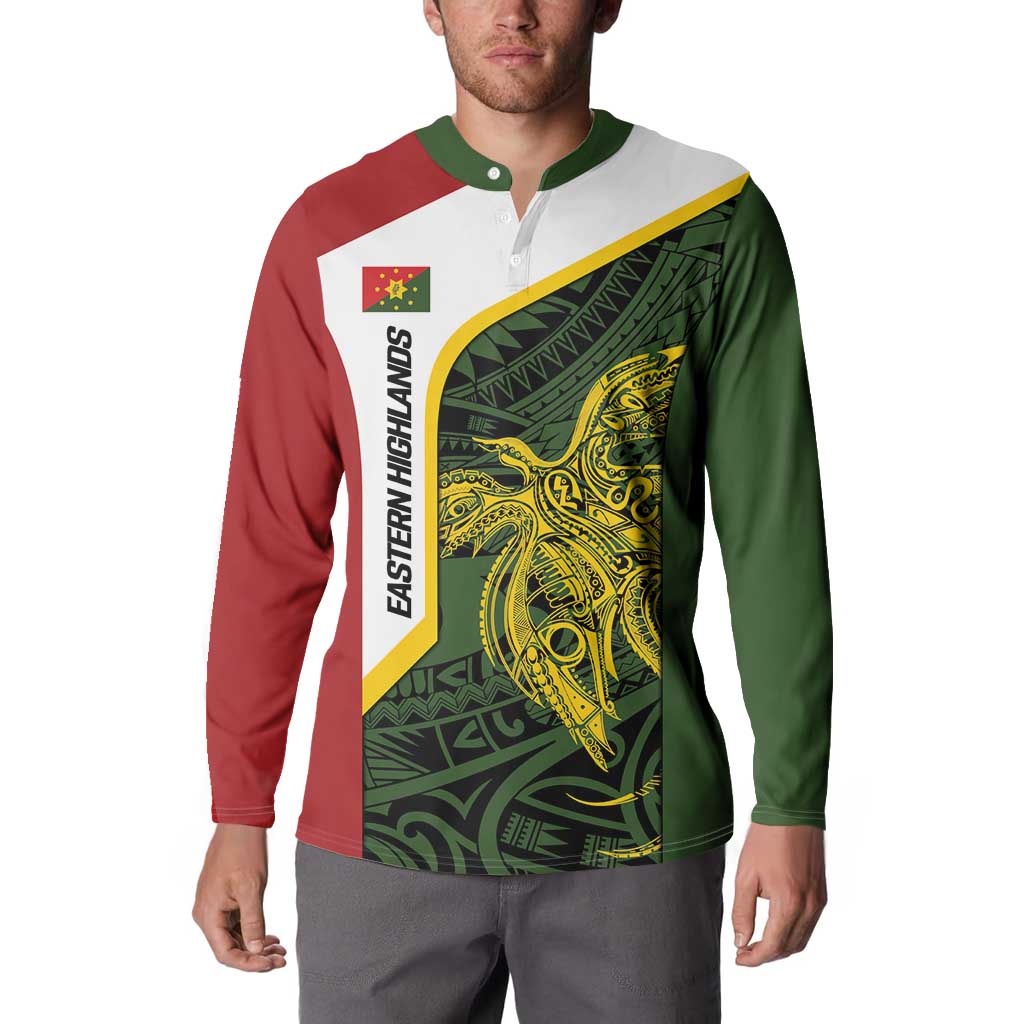 Personalised PNG Eastern Highlands Button Sweatshirt Bird of Paradise Tattoo Flag Motif - Polynesian Pride