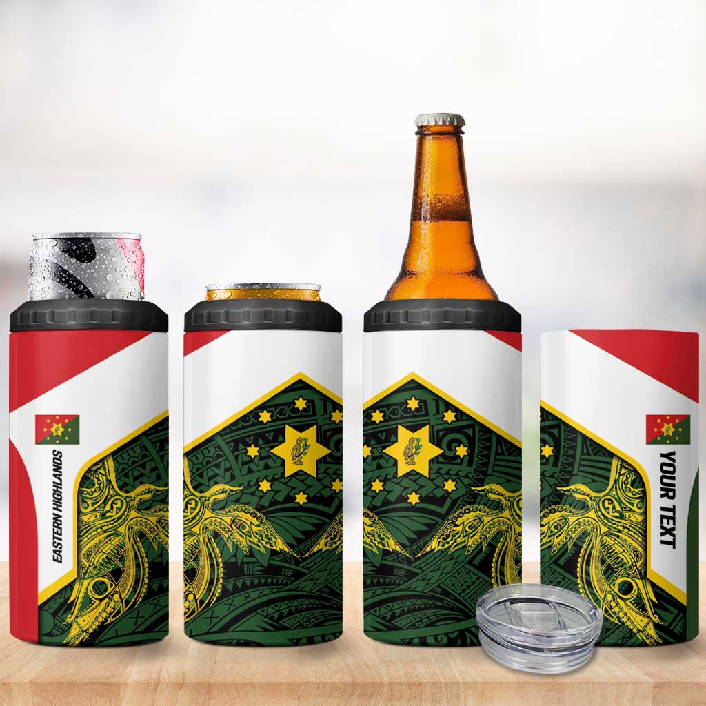 Personalised PNG Eastern Highlands 4 in 1 Can Cooler Tumbler Bird of Paradise Tattoo Flag Motif - Polynesian Pride