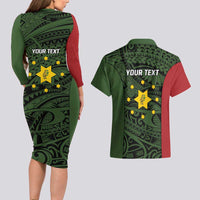 Personalised PNG Eastern Highlands Couples Matching Long Sleeve Bodycon Dress and Hawaiian Shirt Bird of Paradise Tattoo Flag Motif - Polynesian Pride
