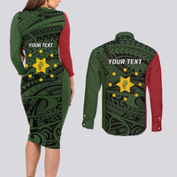 Personalised PNG Eastern Highlands Couples Matching Long Sleeve Bodycon Dress and Long Sleeve Button Shirt Bird of Paradise Tattoo Flag Motif - Polynesian Pride