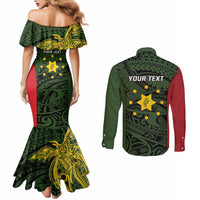 Personalised PNG Eastern Highlands Couples Matching Mermaid Dress and Long Sleeve Button Shirt Bird of Paradise Tattoo Flag Motif - Polynesian Pride