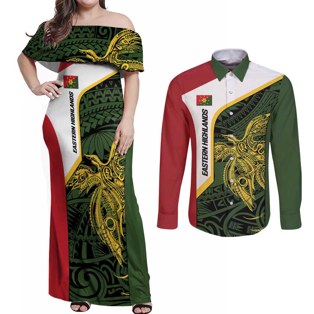 Personalised PNG Eastern Highlands Couples Matching Off Shoulder Maxi Dress and Long Sleeve Button Shirt Bird of Paradise Tattoo Flag Motif - Polynesian Pride