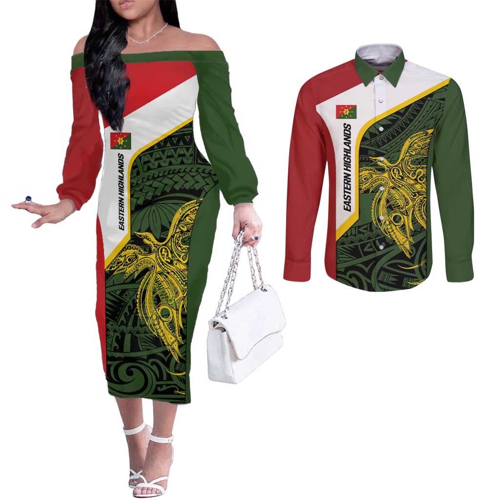Personalised PNG Eastern Highlands Couples Matching Off The Shoulder Long Sleeve Dress and Long Sleeve Button Shirt Bird of Paradise Tattoo Flag Motif - Polynesian Pride