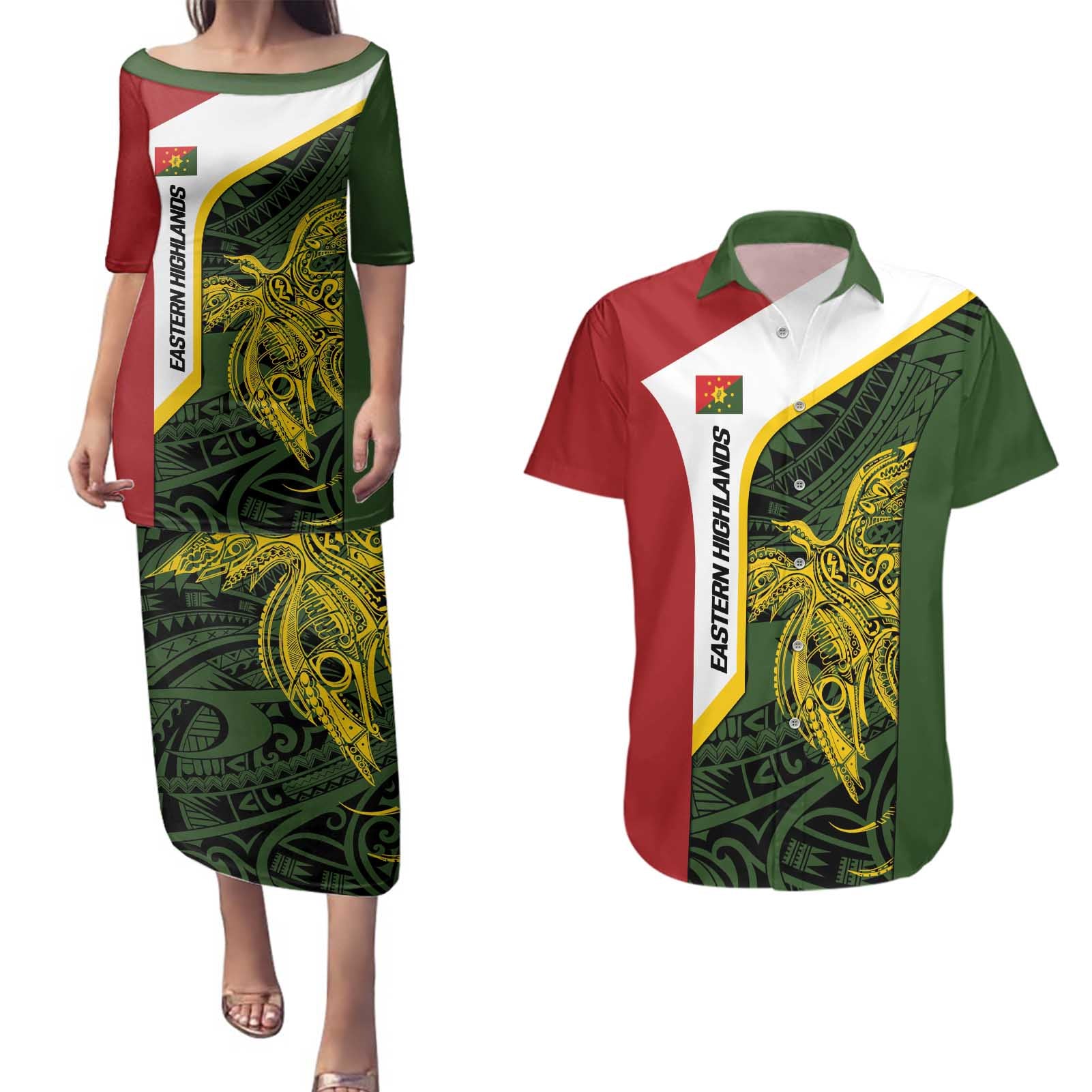 Personalised PNG Eastern Highlands Couples Matching Puletasi and Hawaiian Shirt Bird of Paradise Tattoo Flag Motif - Polynesian Pride