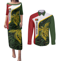 Personalised PNG Eastern Highlands Couples Matching Puletasi and Long Sleeve Button Shirt Bird of Paradise Tattoo Flag Motif - Polynesian Pride
