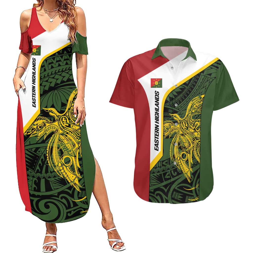 Personalised PNG Eastern Highlands Couples Matching Summer Maxi Dress and Hawaiian Shirt Bird of Paradise Tattoo Flag Motif - Polynesian Pride