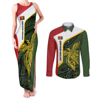 Personalised PNG Eastern Highlands Couples Matching Tank Maxi Dress and Long Sleeve Button Shirt Bird of Paradise Tattoo Flag Motif - Polynesian Pride