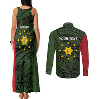 Personalised PNG Eastern Highlands Couples Matching Tank Maxi Dress and Long Sleeve Button Shirt Bird of Paradise Tattoo Flag Motif - Polynesian Pride
