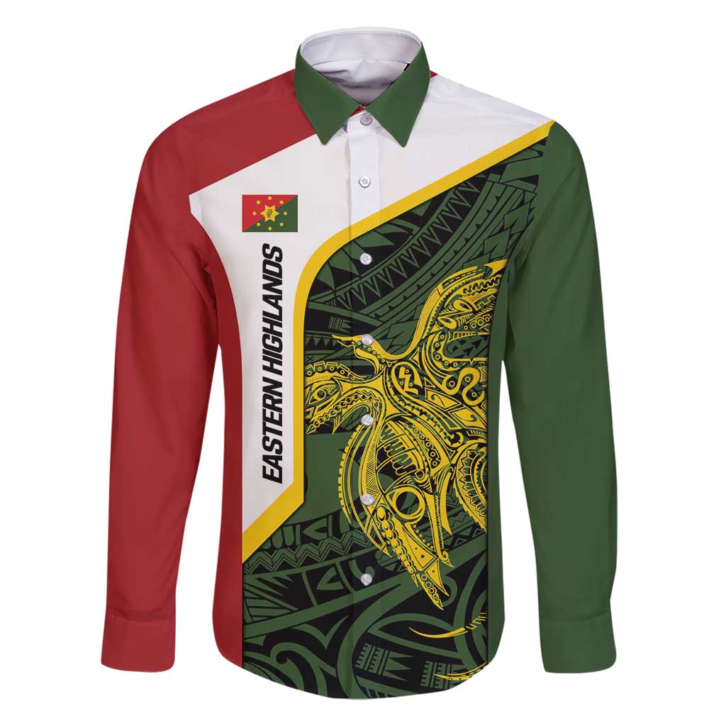 Personalised PNG Eastern Highlands Family Matching Long Sleeve Bodycon Dress and Hawaiian Shirt Bird of Paradise Tattoo Flag Motif - Polynesian Pride