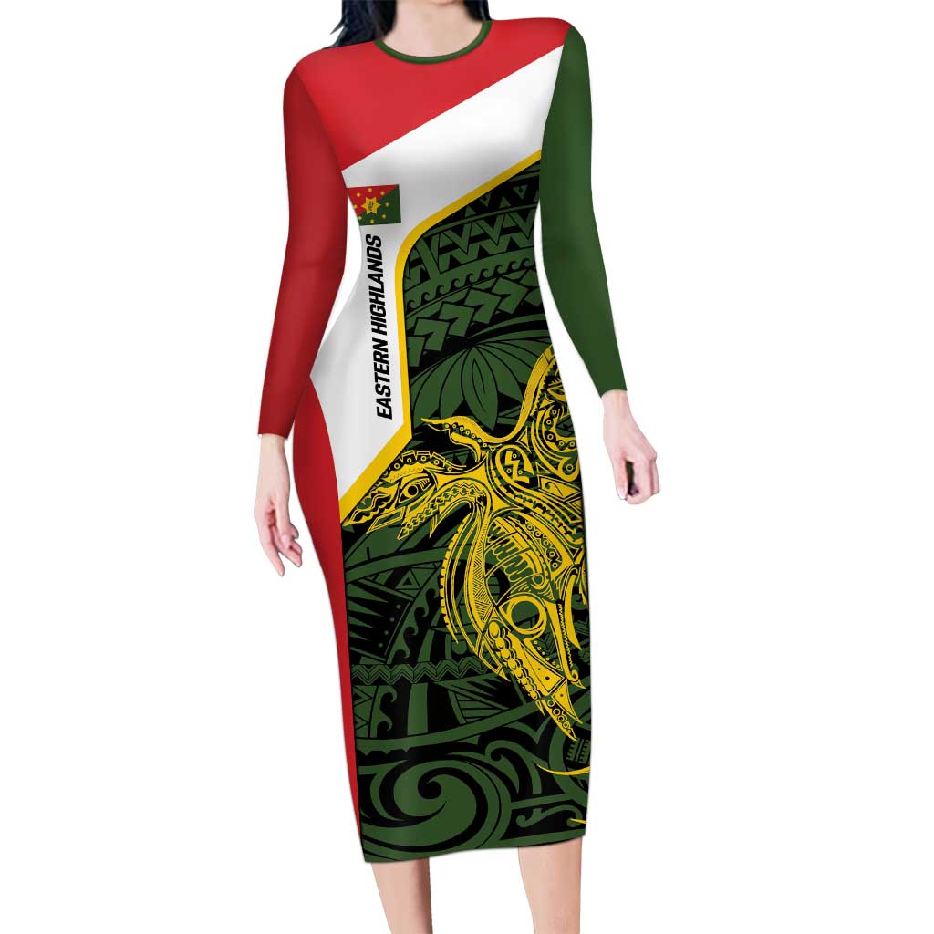 Personalised PNG Eastern Highlands Family Matching Long Sleeve Bodycon Dress and Hawaiian Shirt Bird of Paradise Tattoo Flag Motif - Polynesian Pride