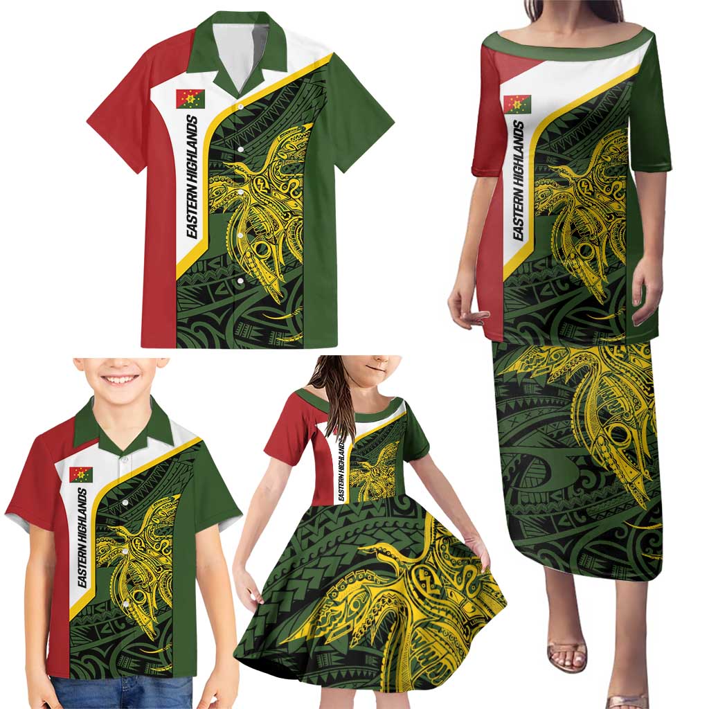 Personalised PNG Eastern Highlands Family Matching Puletasi and Hawaiian Shirt Bird of Paradise Tattoo Flag Motif - Polynesian Pride