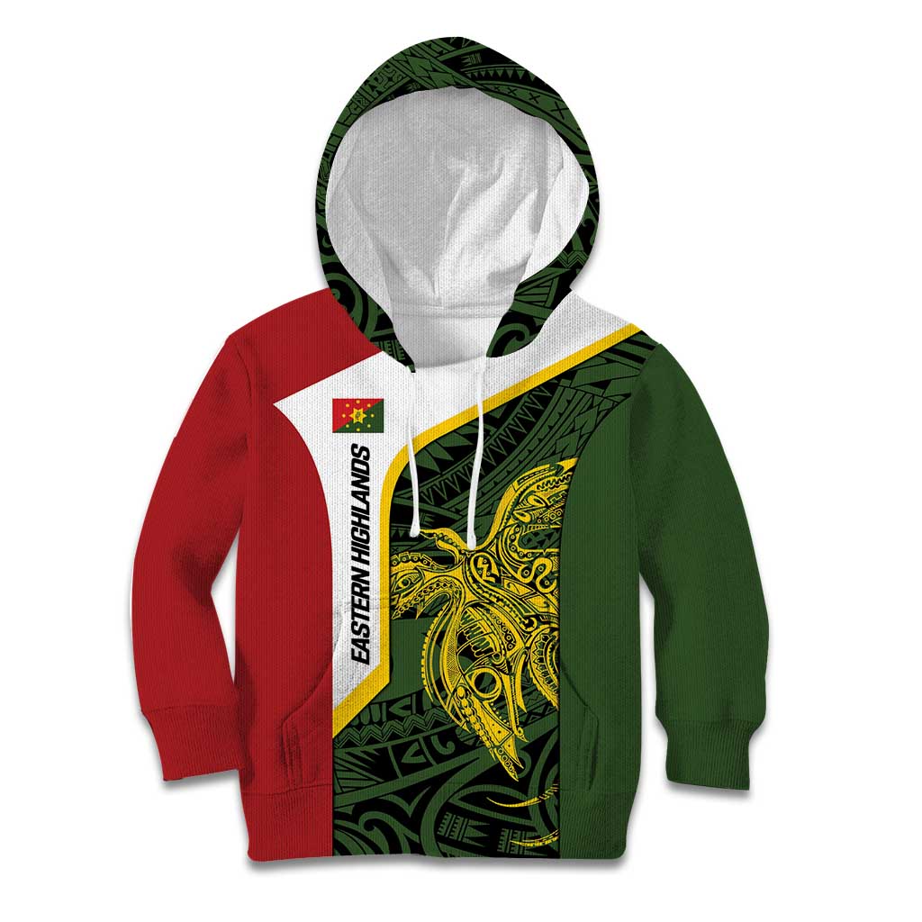 Personalised PNG Eastern Highlands Kid Hoodie Bird of Paradise Tattoo Flag Motif - Polynesian Pride