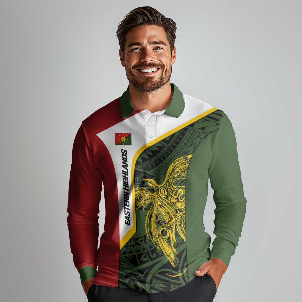 Personalised PNG Eastern Highlands Long Sleeve Polo Shirt Bird of Paradise Tattoo Flag Motif - Polynesian Pride