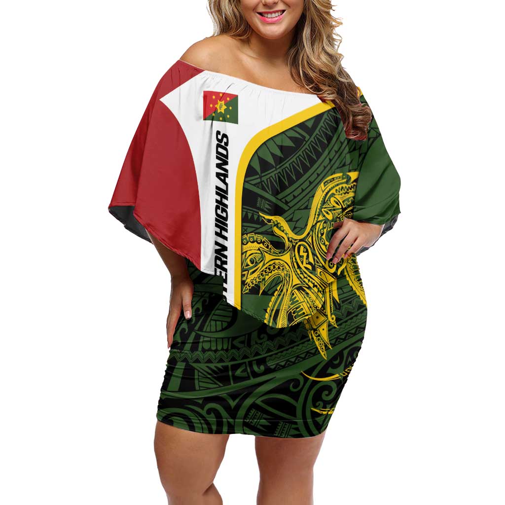 Personalised PNG Eastern Highlands Off Shoulder Short Dress Bird of Paradise Tattoo Flag Motif - Polynesian Pride