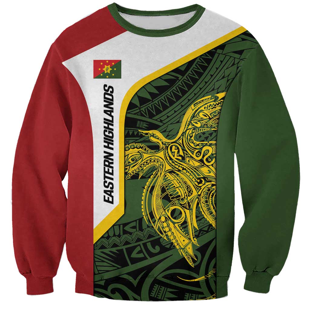 Personalised PNG Eastern Highlands Sweatshirt Bird of Paradise Tattoo Flag Motif - Polynesian Pride