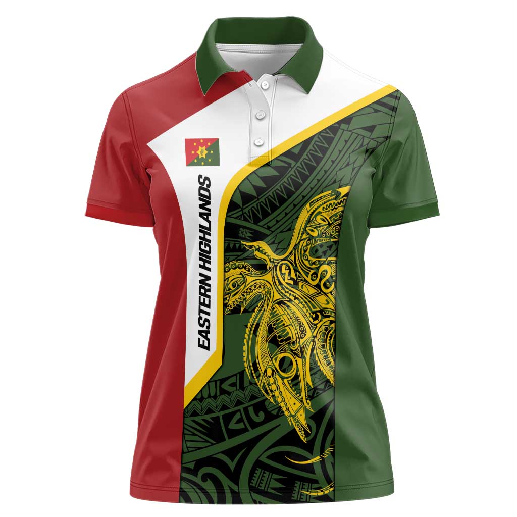 Personalised PNG Eastern Highlands Women Polo Shirt Bird of Paradise Tattoo Flag Motif - Polynesian Pride