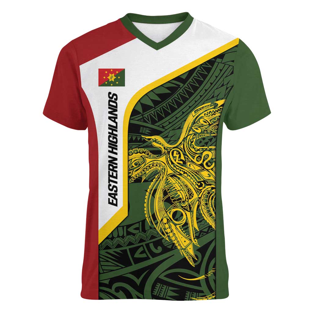 Personalised PNG Eastern Highlands Women V-Neck T-Shirt Bird of Paradise Tattoo Flag Motif - Polynesian Pride