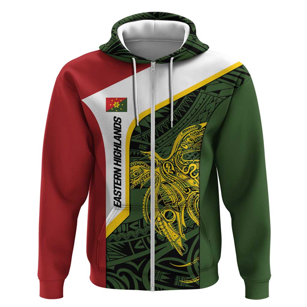 Personalised PNG Eastern Highlands Zip Hoodie Bird of Paradise Tattoo Flag Motif - Polynesian Pride