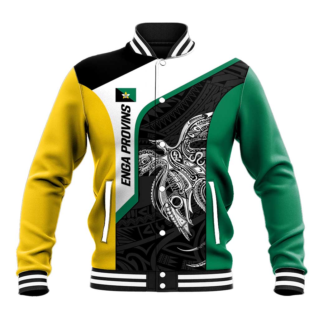 Personalised PNG Enga Province Baseball Jacket Bird of Paradise Tattoo Flag Motif - Polynesian Pride