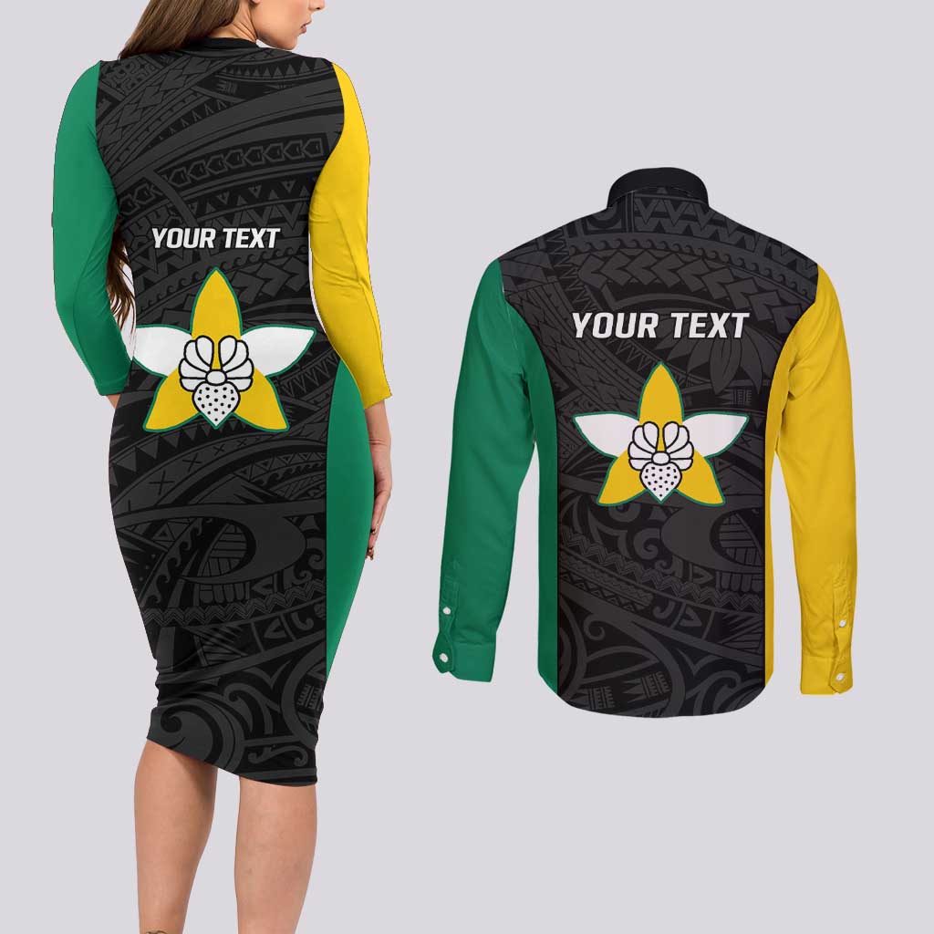 Personalised PNG Enga Province Couples Matching Long Sleeve Bodycon Dress and Long Sleeve Button Shirt Bird of Paradise Tattoo Flag Motif - Polynesian Pride