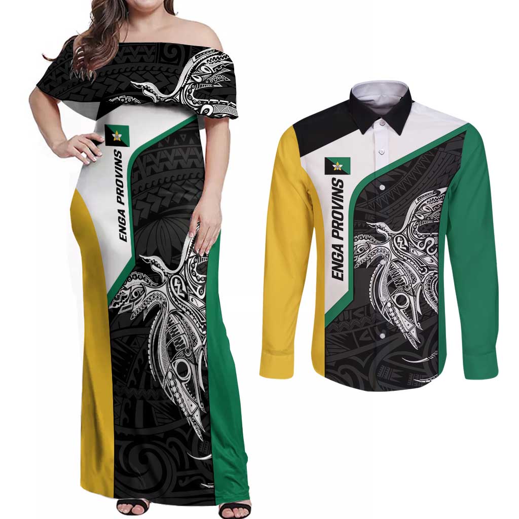 Personalised PNG Enga Province Couples Matching Off Shoulder Maxi Dress and Long Sleeve Button Shirt Bird of Paradise Tattoo Flag Motif - Polynesian Pride