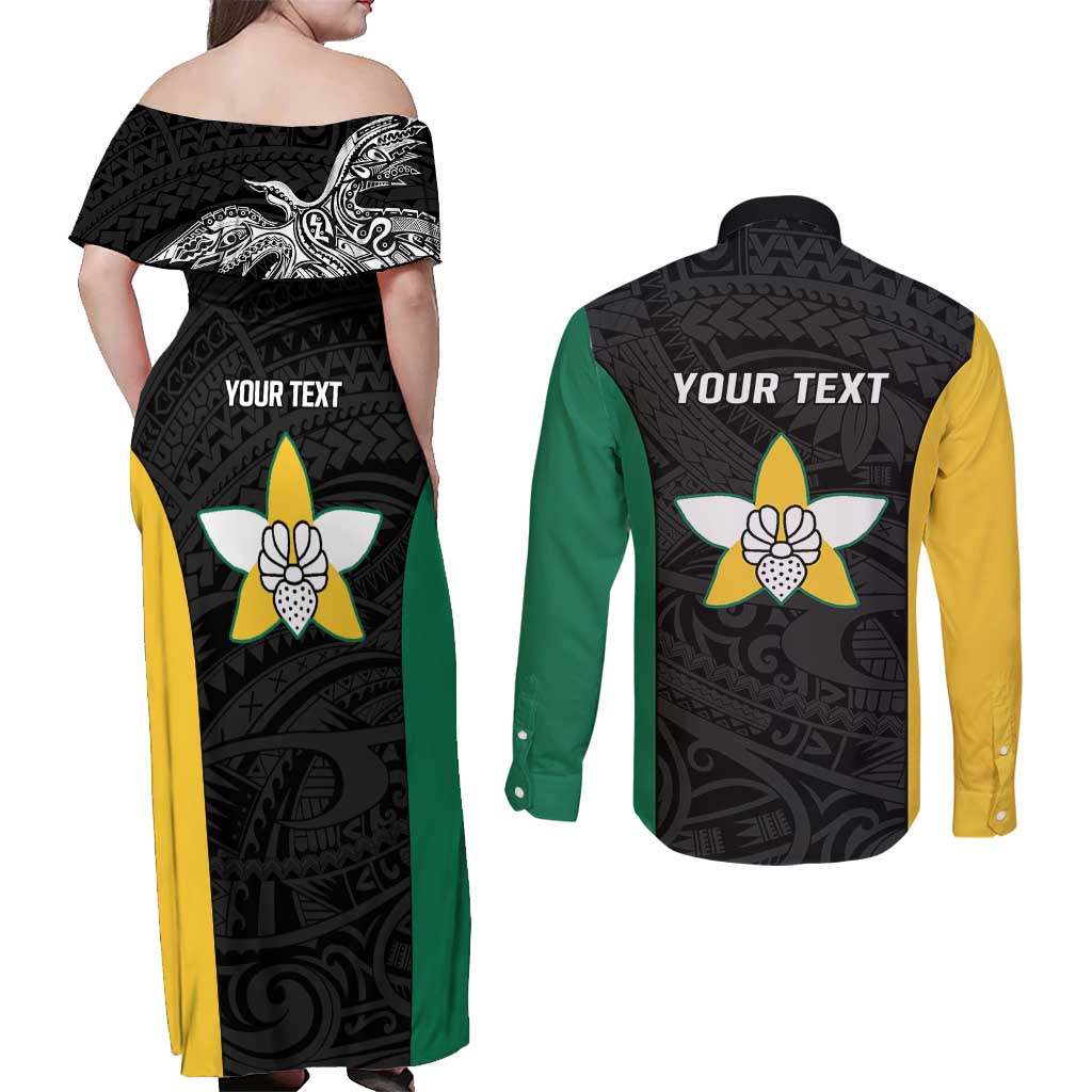 Personalised PNG Enga Province Couples Matching Off Shoulder Maxi Dress and Long Sleeve Button Shirt Bird of Paradise Tattoo Flag Motif - Polynesian Pride