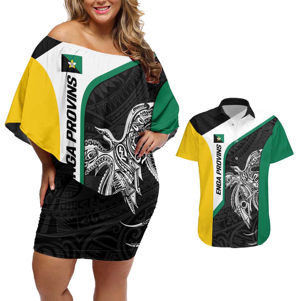 Personalised PNG Enga Province Couples Matching Off Shoulder Short Dress and Hawaiian Shirt Bird of Paradise Tattoo Flag Motif - Polynesian Pride