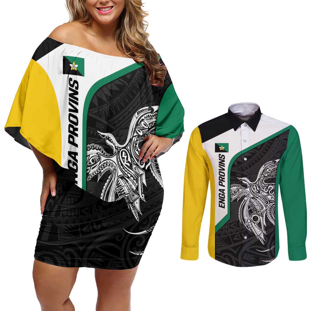 Personalised PNG Enga Province Couples Matching Off Shoulder Short Dress and Long Sleeve Button Shirt Bird of Paradise Tattoo Flag Motif - Polynesian Pride