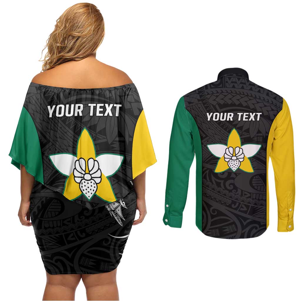 Personalised PNG Enga Province Couples Matching Off Shoulder Short Dress and Long Sleeve Button Shirt Bird of Paradise Tattoo Flag Motif - Polynesian Pride