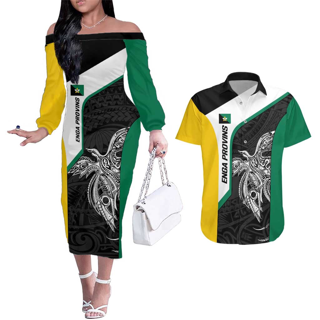 Personalised PNG Enga Province Couples Matching Off The Shoulder Long Sleeve Dress and Hawaiian Shirt Bird of Paradise Tattoo Flag Motif - Polynesian Pride