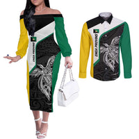 Personalised PNG Enga Province Couples Matching Off The Shoulder Long Sleeve Dress and Long Sleeve Button Shirt Bird of Paradise Tattoo Flag Motif - Polynesian Pride