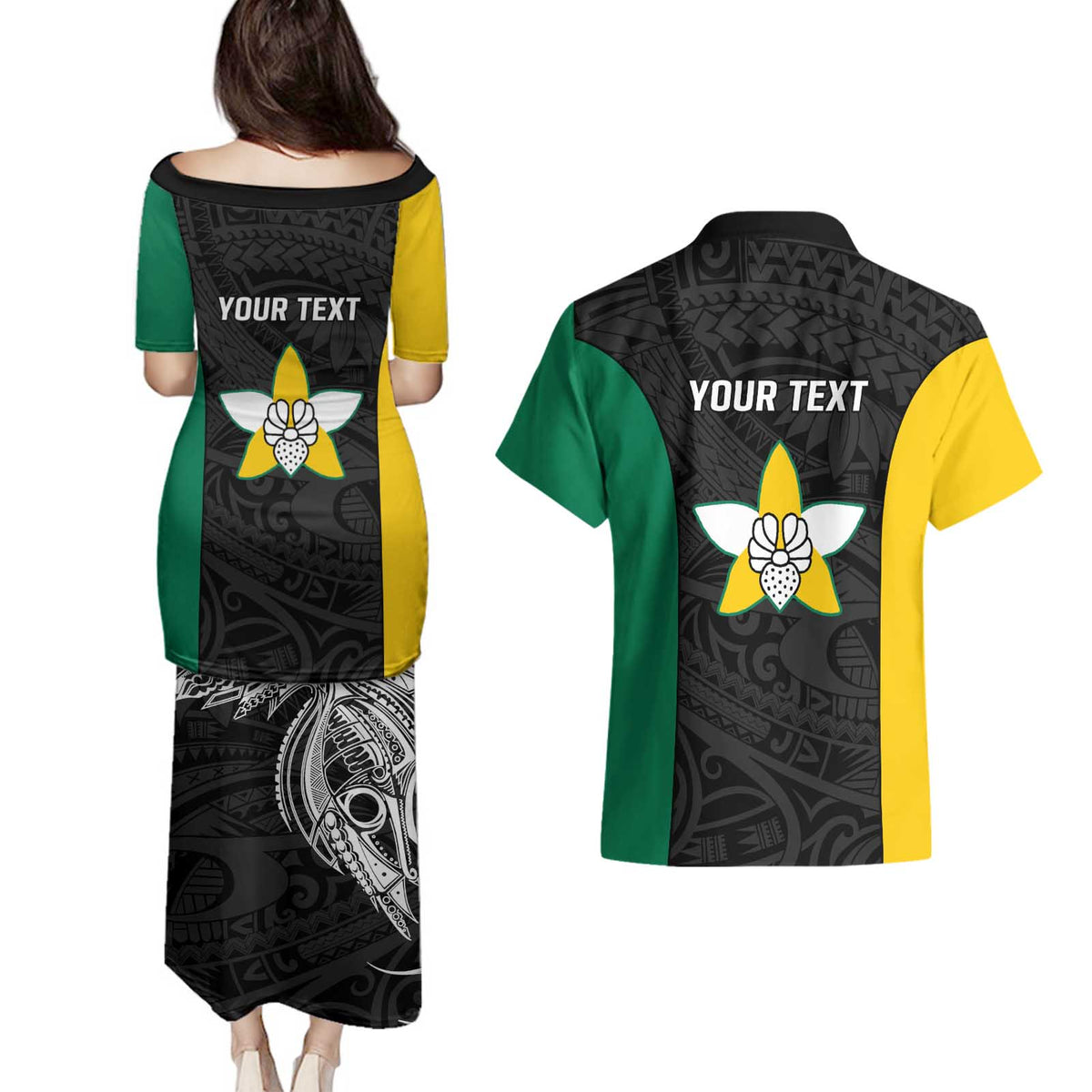 Personalised PNG Enga Province Couples Matching Puletasi and Hawaiian Shirt Bird of Paradise Tattoo Flag Motif - Polynesian Pride