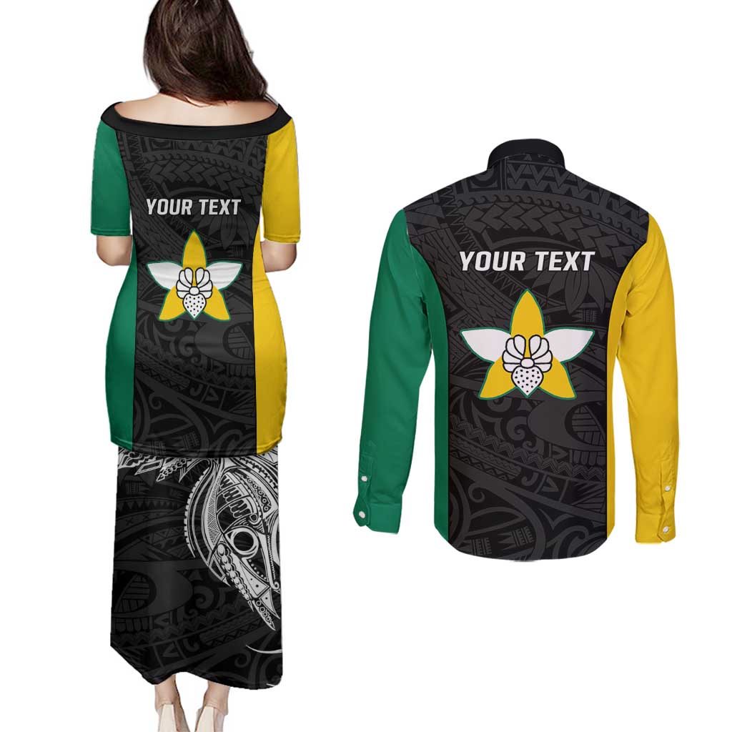 Personalised PNG Enga Province Couples Matching Puletasi and Long Sleeve Button Shirt Bird of Paradise Tattoo Flag Motif - Polynesian Pride