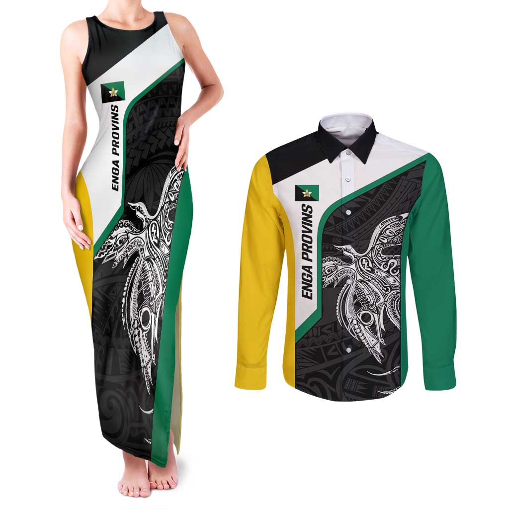 Personalised PNG Enga Province Couples Matching Tank Maxi Dress and Long Sleeve Button Shirt Bird of Paradise Tattoo Flag Motif - Polynesian Pride
