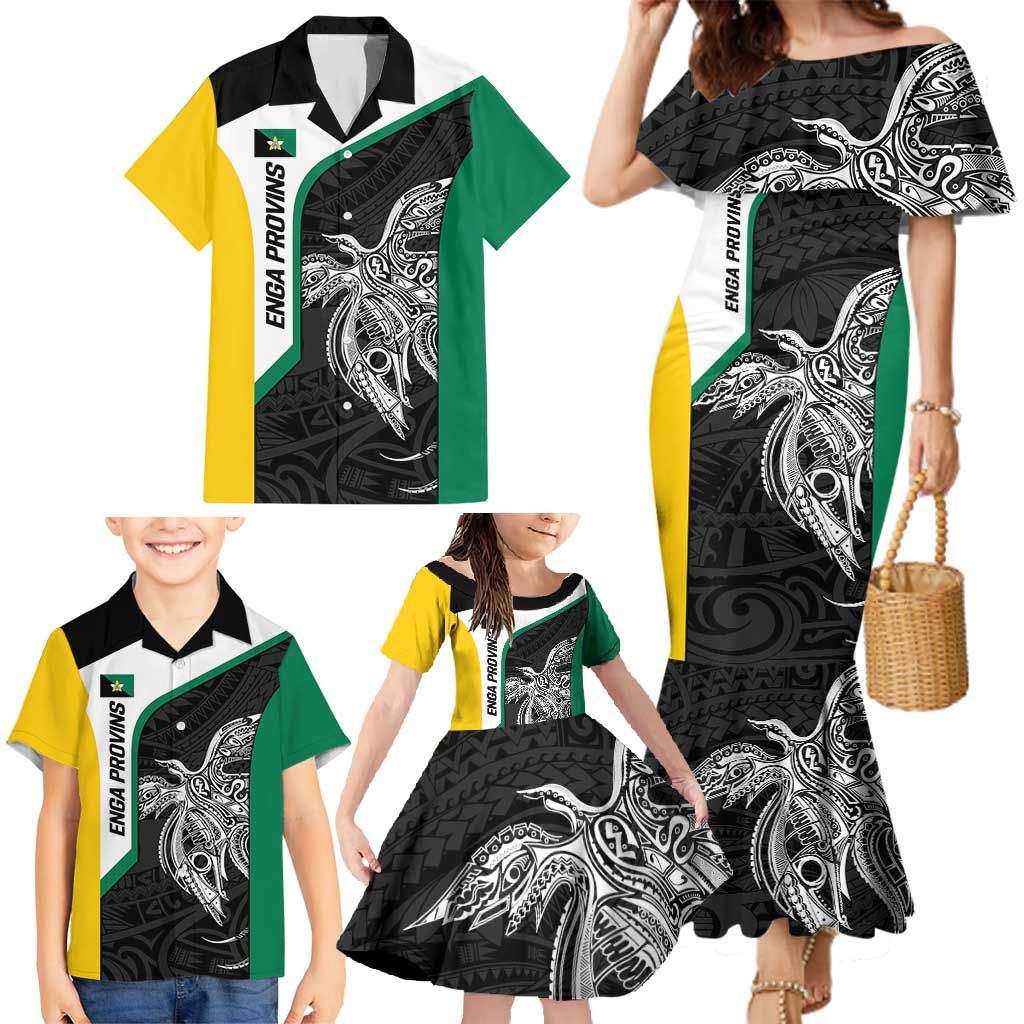 Personalised PNG Enga Province Family Matching Mermaid Dress and Hawaiian Shirt Bird of Paradise Tattoo Flag Motif - Polynesian Pride