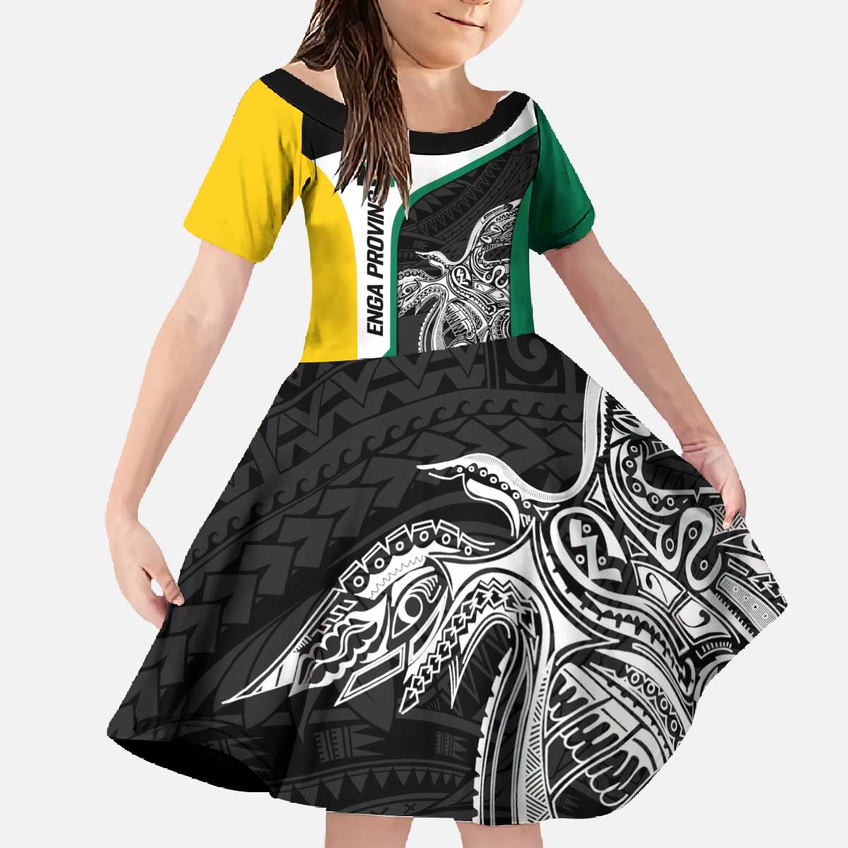 Personalised PNG Enga Province Family Matching Off The Shoulder Long Sleeve Dress and Hawaiian Shirt Bird of Paradise Tattoo Flag Motif - Polynesian Pride