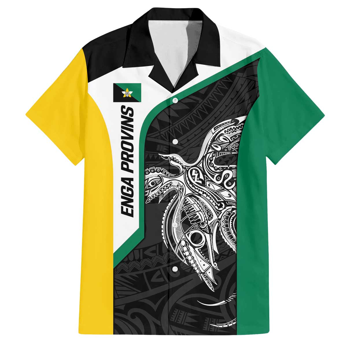 Personalised PNG Enga Province Family Matching Off The Shoulder Long Sleeve Dress and Hawaiian Shirt Bird of Paradise Tattoo Flag Motif - Polynesian Pride