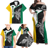 Personalised PNG Enga Province Family Matching Off Shoulder Maxi Dress and Hawaiian Shirt Bird of Paradise Tattoo Flag Motif - Polynesian Pride