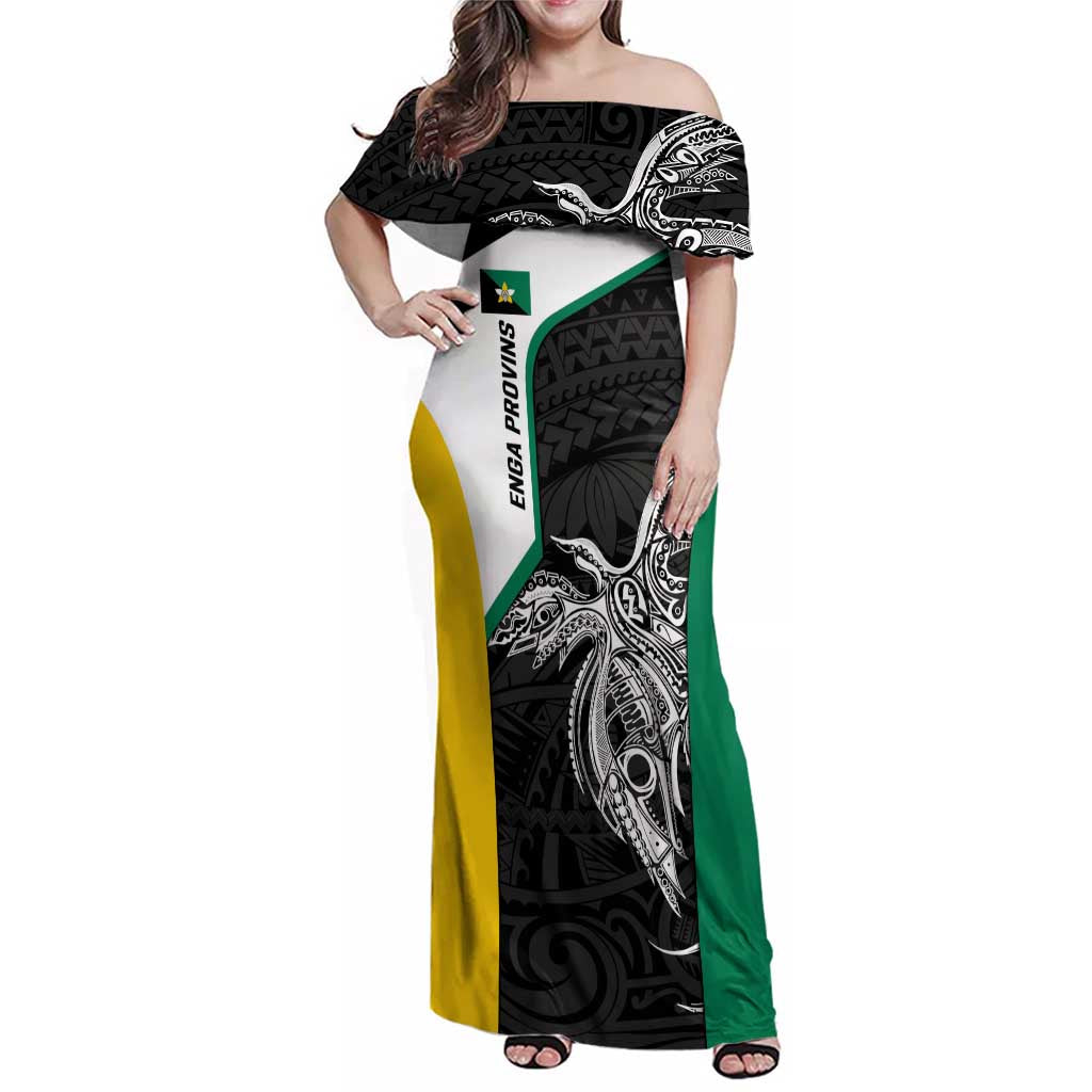 Personalised PNG Enga Province Family Matching Off Shoulder Maxi Dress and Hawaiian Shirt Bird of Paradise Tattoo Flag Motif - Polynesian Pride