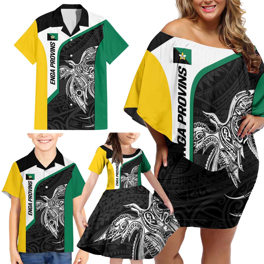 Personalised PNG Enga Province Family Matching Off Shoulder Short Dress and Hawaiian Shirt Bird of Paradise Tattoo Flag Motif - Polynesian Pride
