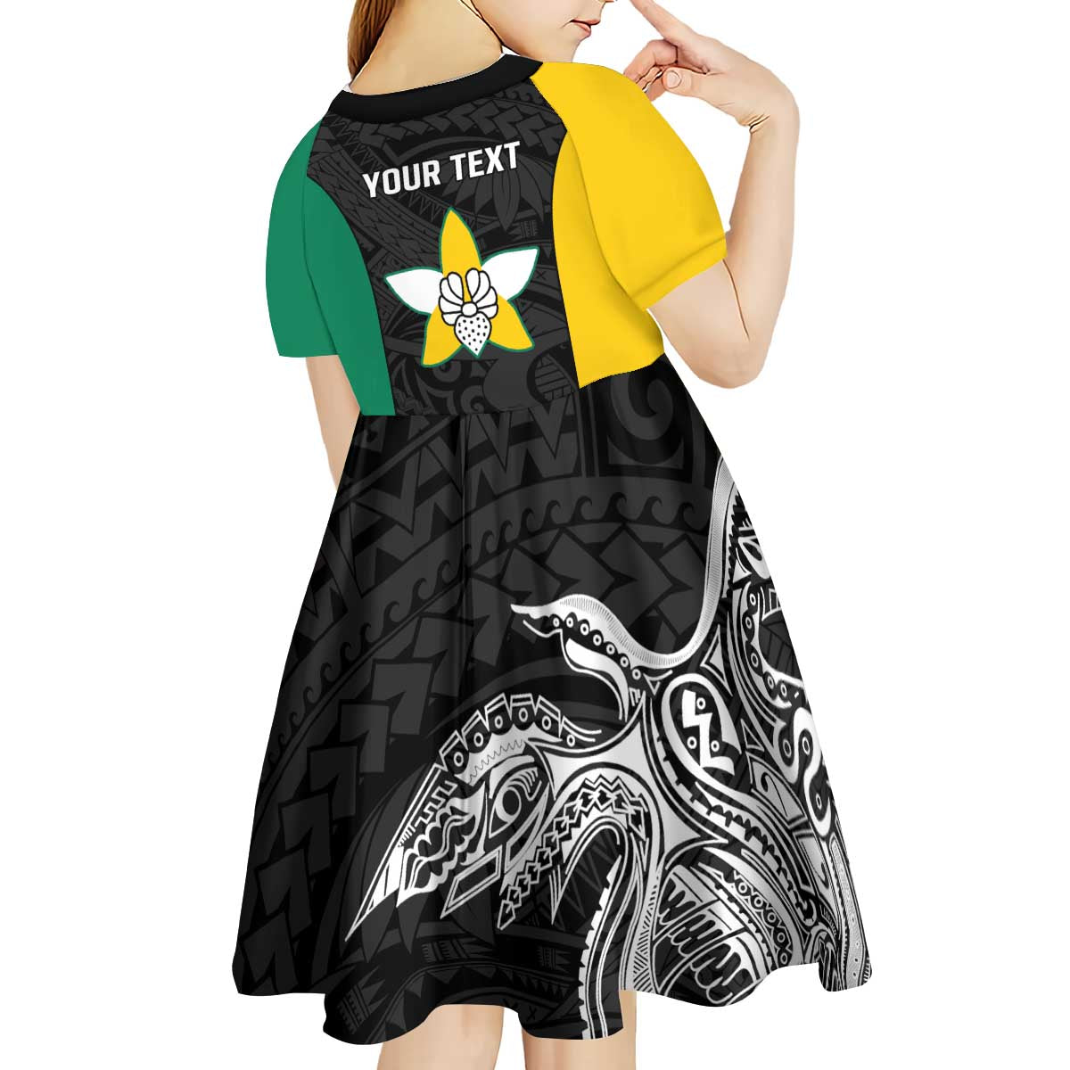 Personalised PNG Enga Province Kid Short Sleeve Dress Bird of Paradise Tattoo Flag Motif - Polynesian Pride