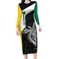 Personalised PNG Enga Province Long Sleeve Bodycon Dress Bird of Paradise Tattoo Flag Motif - Polynesian Pride