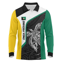 Personalised PNG Enga Province Long Sleeve Polo Shirt Bird of Paradise Tattoo Flag Motif - Polynesian Pride