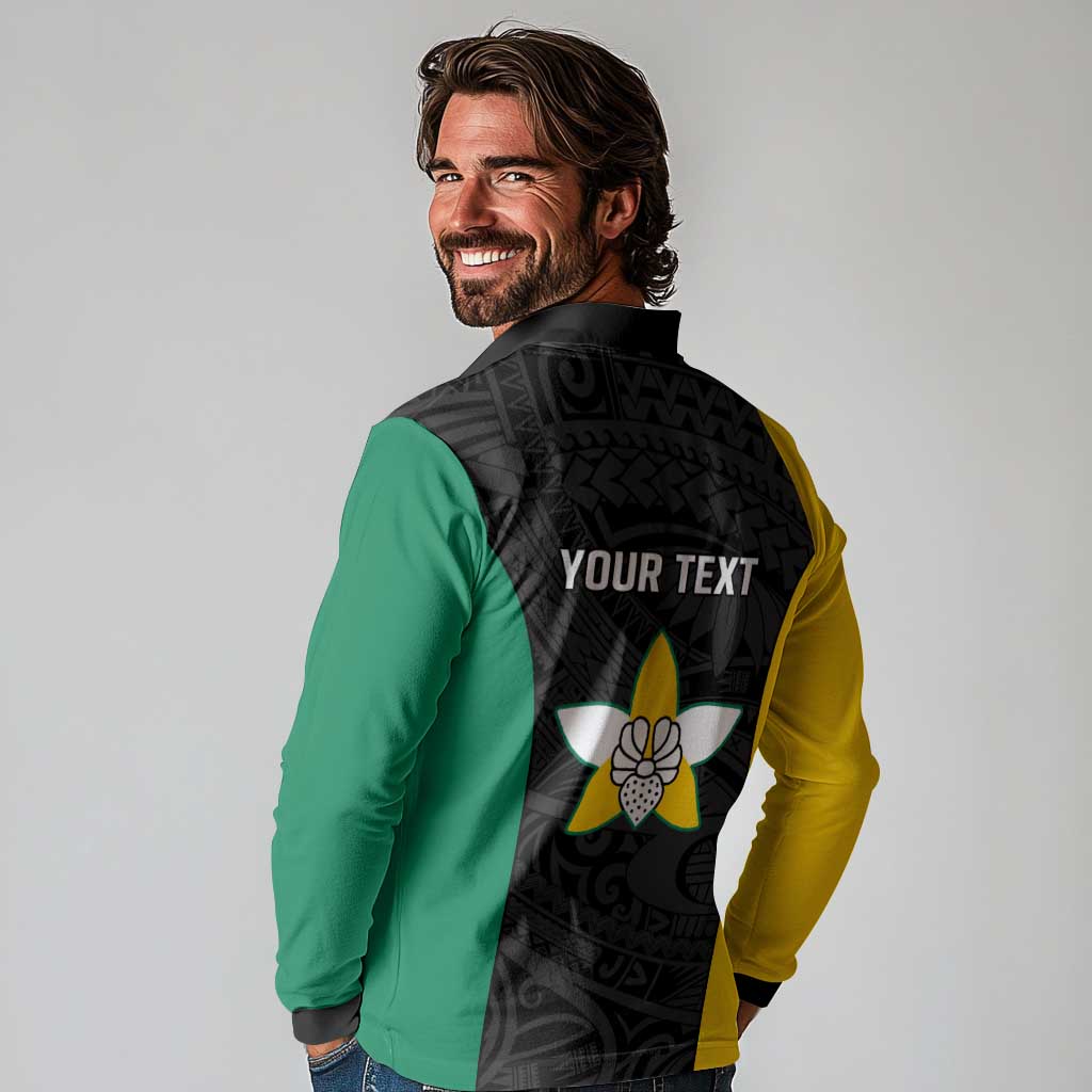 Personalised PNG Enga Province Long Sleeve Polo Shirt Bird of Paradise Tattoo Flag Motif - Polynesian Pride