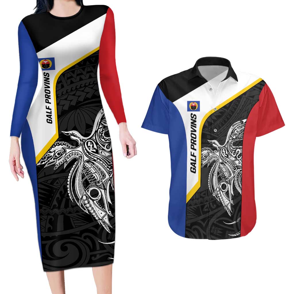 Personalised PNG Gulf Province Couples Matching Long Sleeve Bodycon Dress and Hawaiian Shirt Bird of Paradise Tattoo Flag Motif - Polynesian Pride