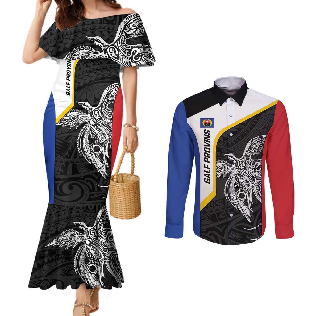 Personalised PNG Gulf Province Couples Matching Mermaid Dress and Long Sleeve Button Shirt Bird of Paradise Tattoo Flag Motif - Polynesian Pride