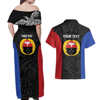 Personalised PNG Gulf Province Couples Matching Off Shoulder Maxi Dress and Hawaiian Shirt Bird of Paradise Tattoo Flag Motif - Polynesian Pride