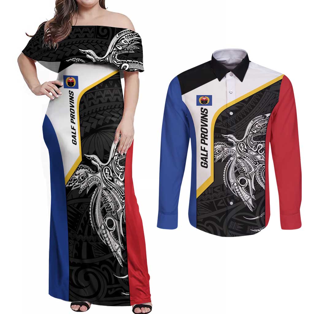 Personalised PNG Gulf Province Couples Matching Off Shoulder Maxi Dress and Long Sleeve Button Shirt Bird of Paradise Tattoo Flag Motif - Polynesian Pride